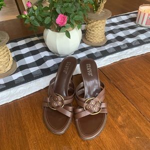Franco Sarto size 9 brown strappyl eather wedges